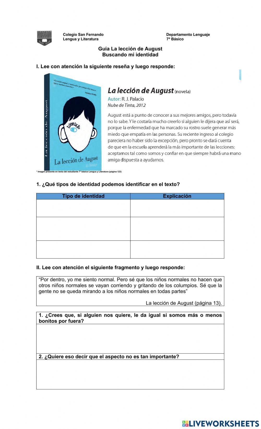 Guía La lección de August. Buscando mi identidad