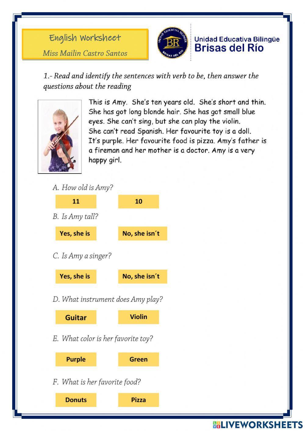 Verb to be Reading Comprehension