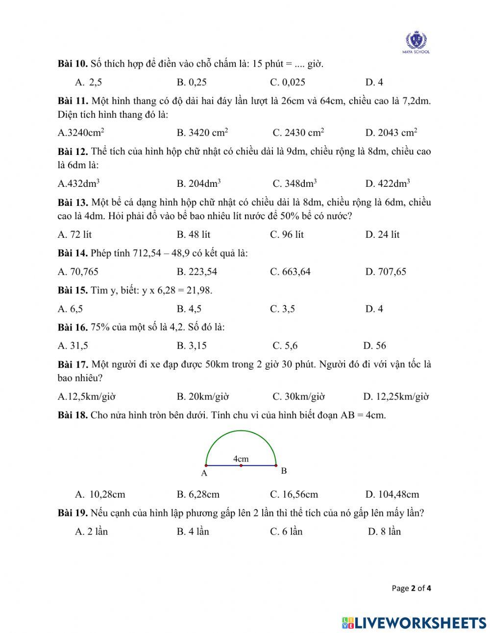 Toán 5 - 07.06.2021 - 11.06.2021. Ôn tập cuối năm
