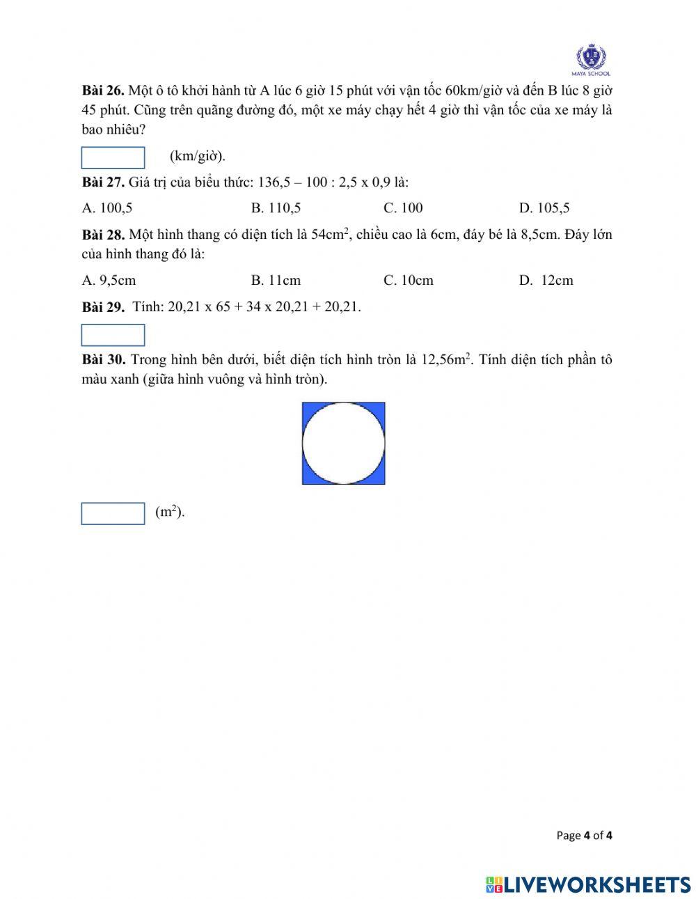 Toán 5 - 07.06.2021 - 11.06.2021. Ôn tập cuối năm