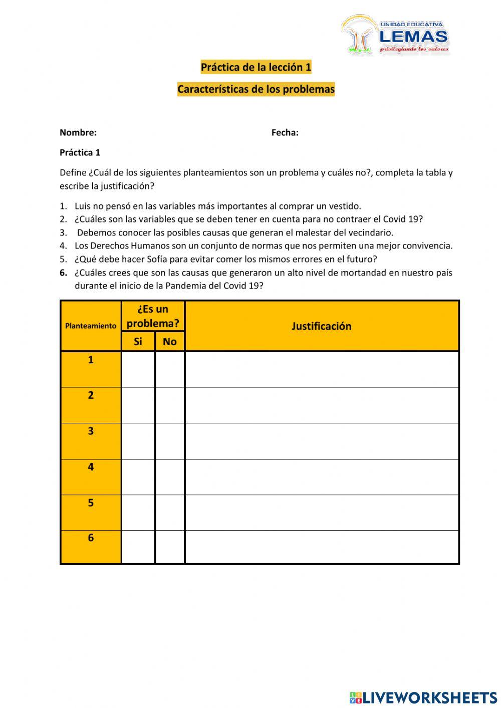 Práctica 1 Lección 1 Características de los problemas