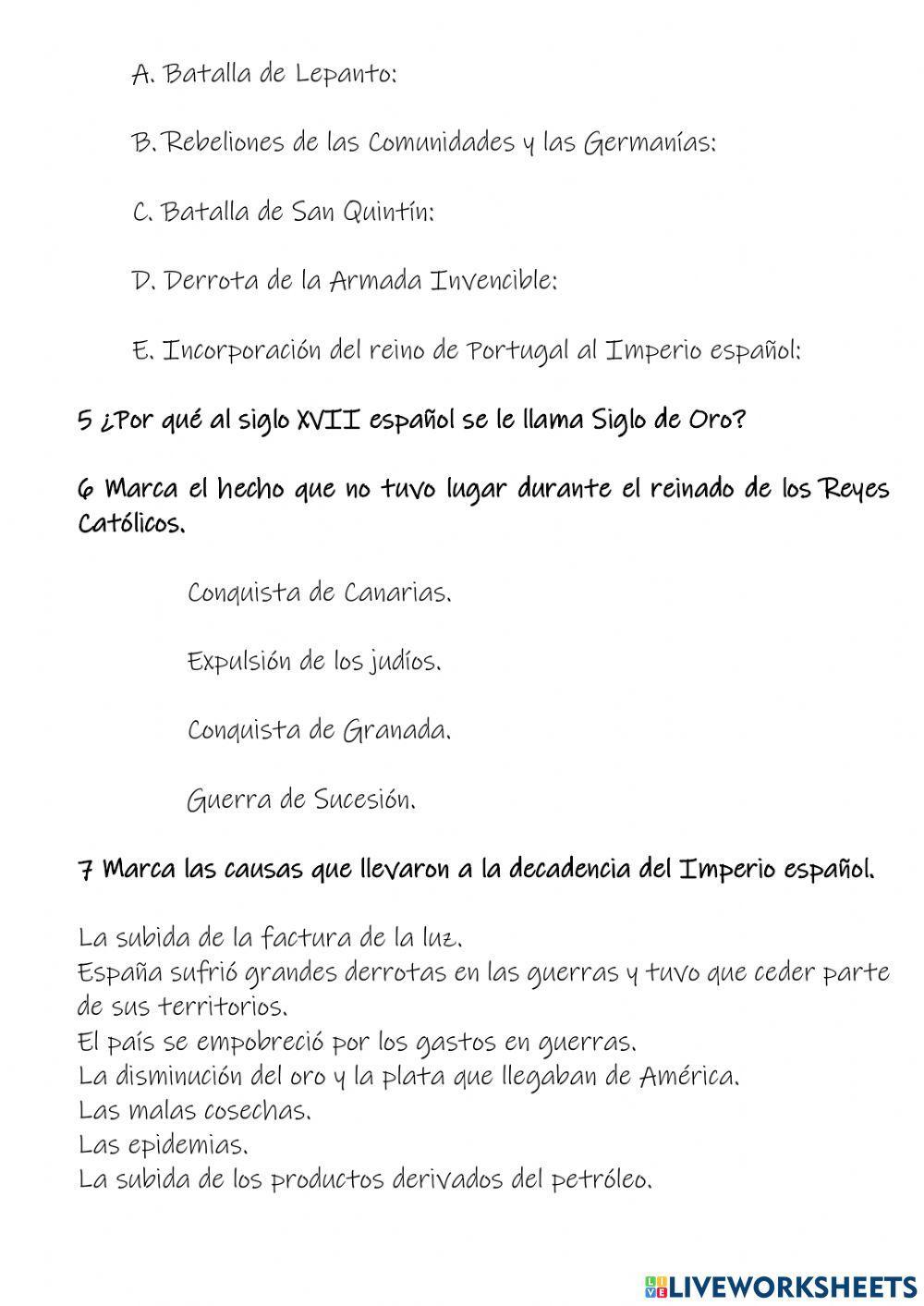 Ficha de historia 7: Los siglos  XV, XVI, XVII y XVIII en España.