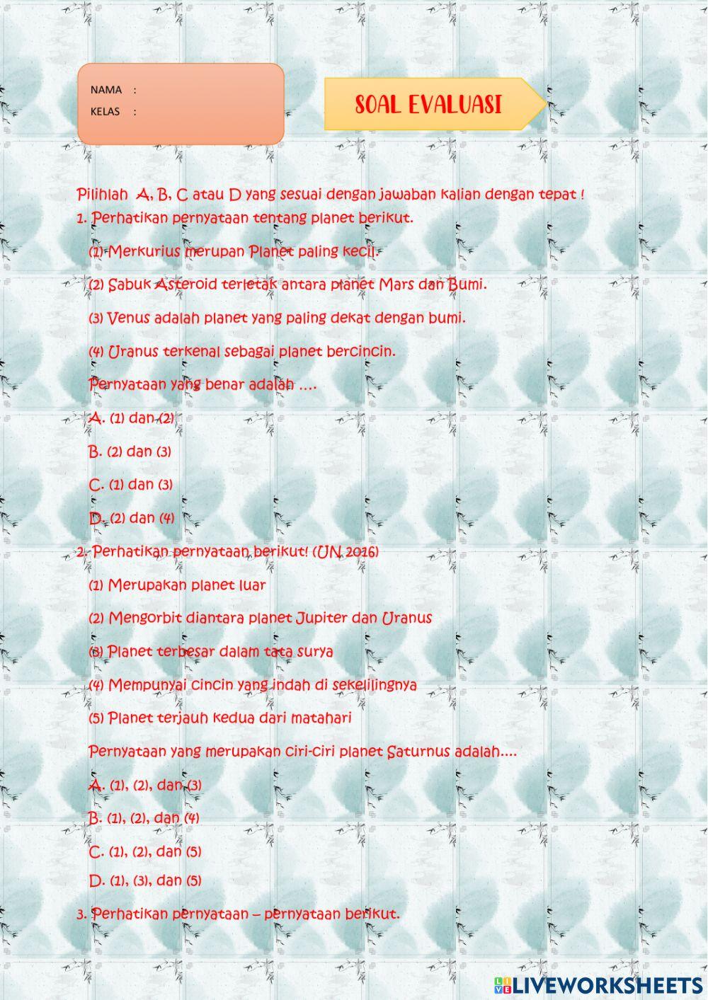 Soal evaluasi tata surya
