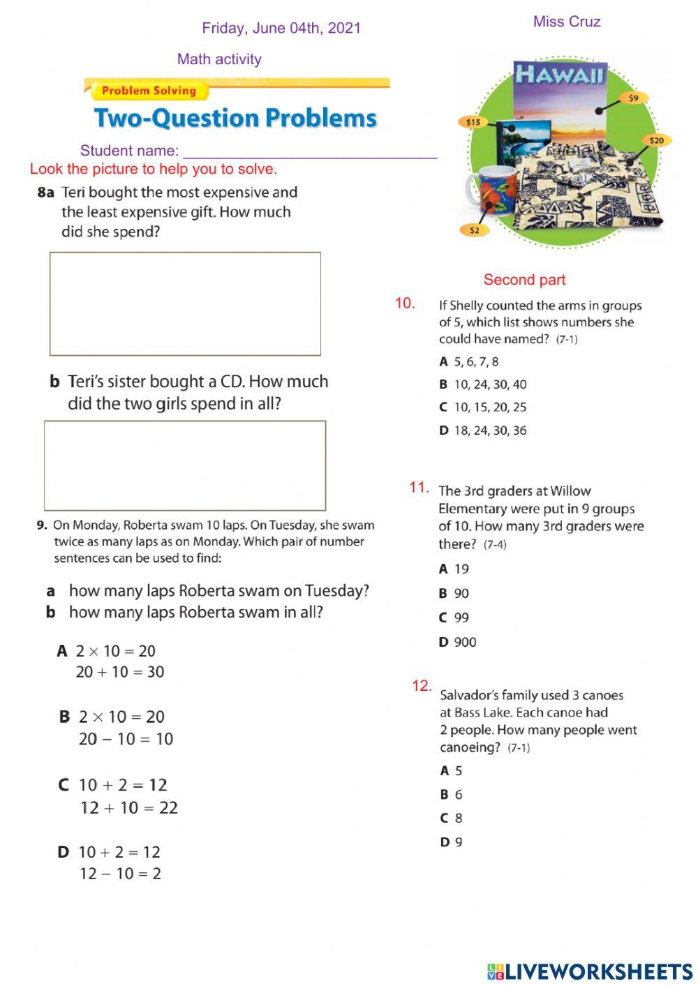 Problem solving online worksheet for 3 to 5 | Live Worksheets