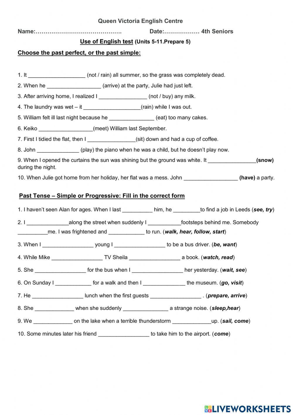 4th Seniors Test unit 5 11 worksheet Live Worksheets
