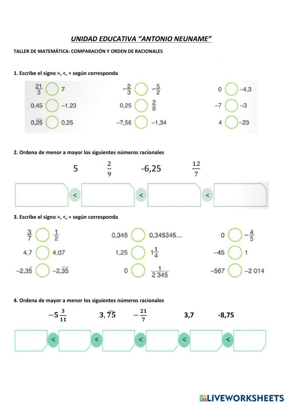Orden y comparación de Racionales
