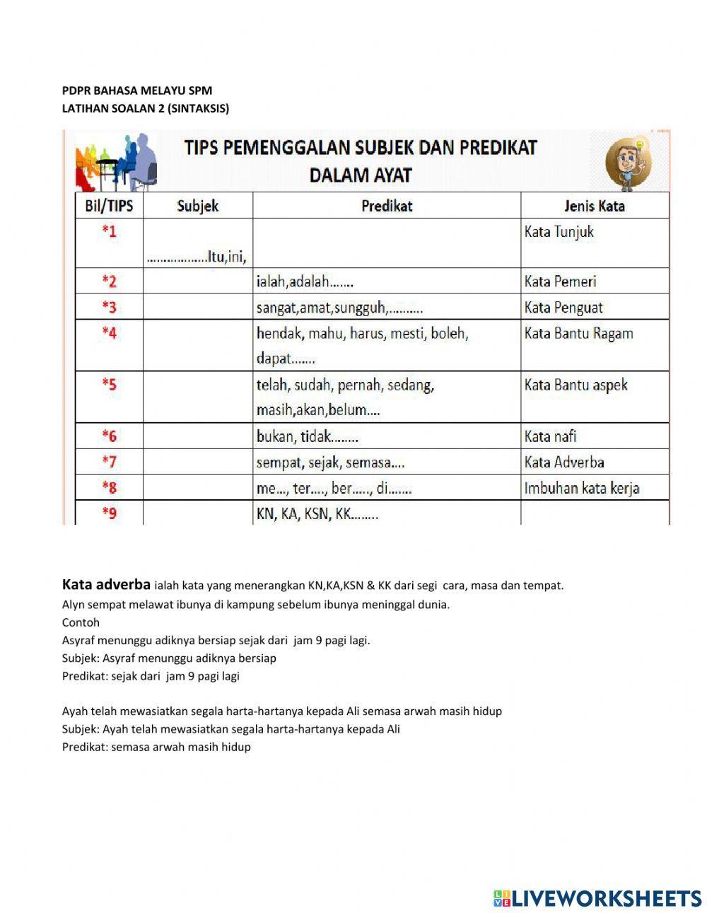 Latihan Soalan Sintaksis (Cerakinkan Subjek - Predikat) by Cikgu Farida