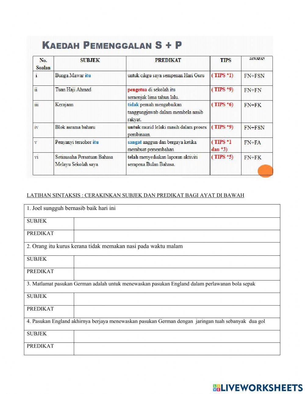 Latihan Soalan Sintaksis (Cerakinkan Subjek - Predikat) by Cikgu Farida