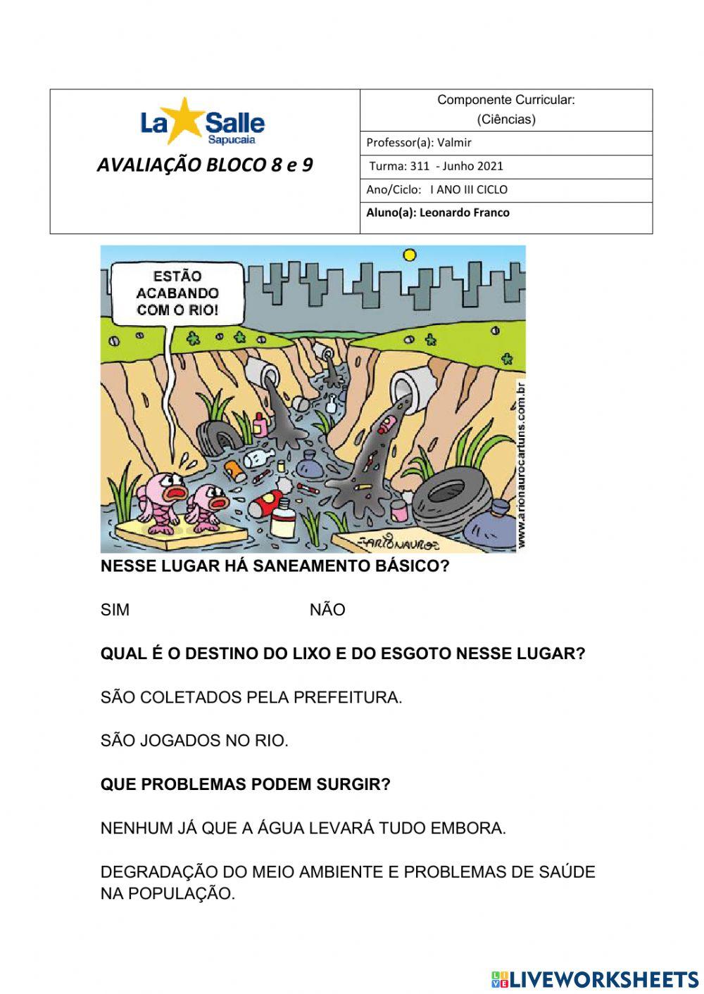 Avaliação ciências bloco 8 e 9