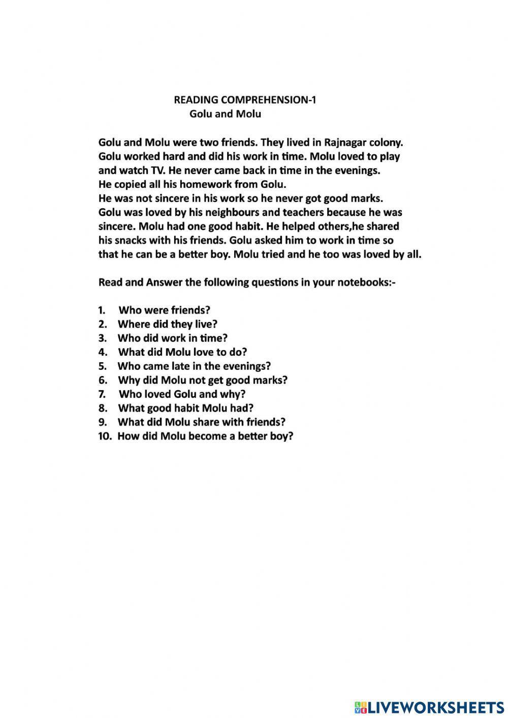 Unseen passage worksheet for class-3