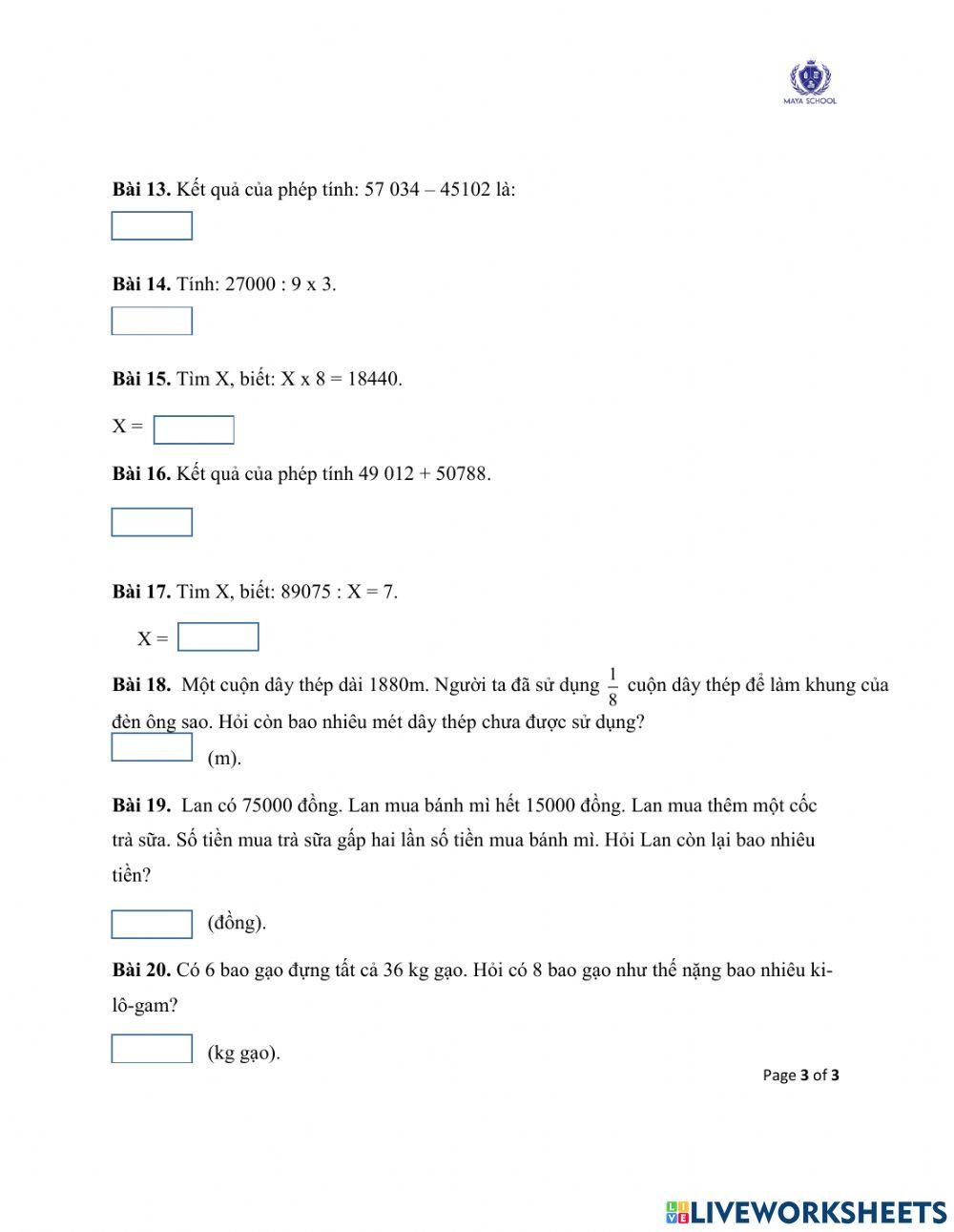 Toán 3 - 05.07.2021 - 09.07.2021 - Ôn tập cuối năm