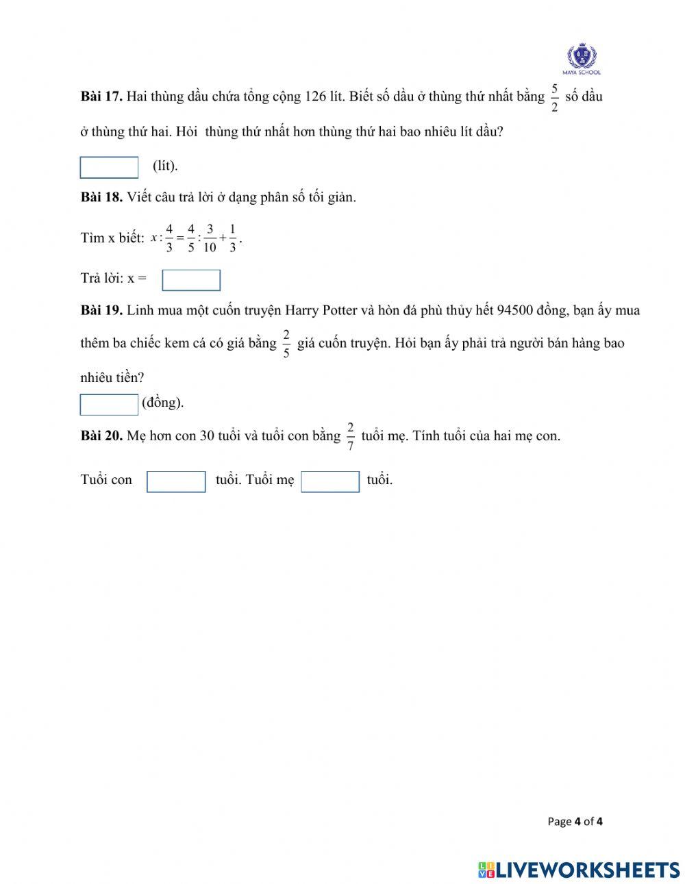 Toán 4 - 05.07.2021 - 09.07.2021 - Ôn tập cuối năm