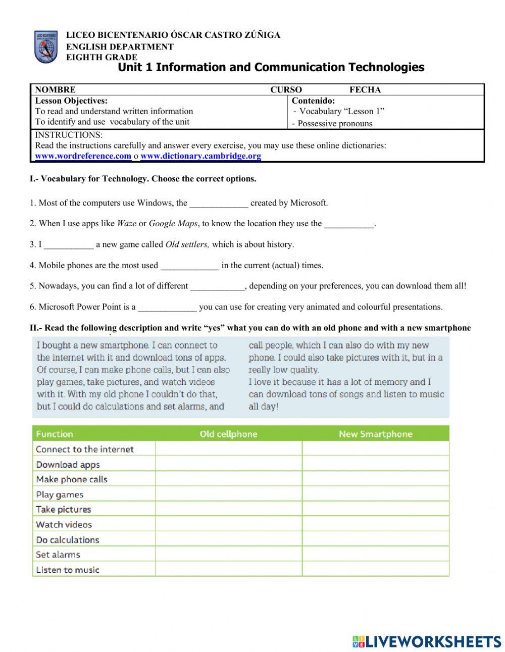 Practice 2: Vocabulary for technology, possessive pronouns and reading