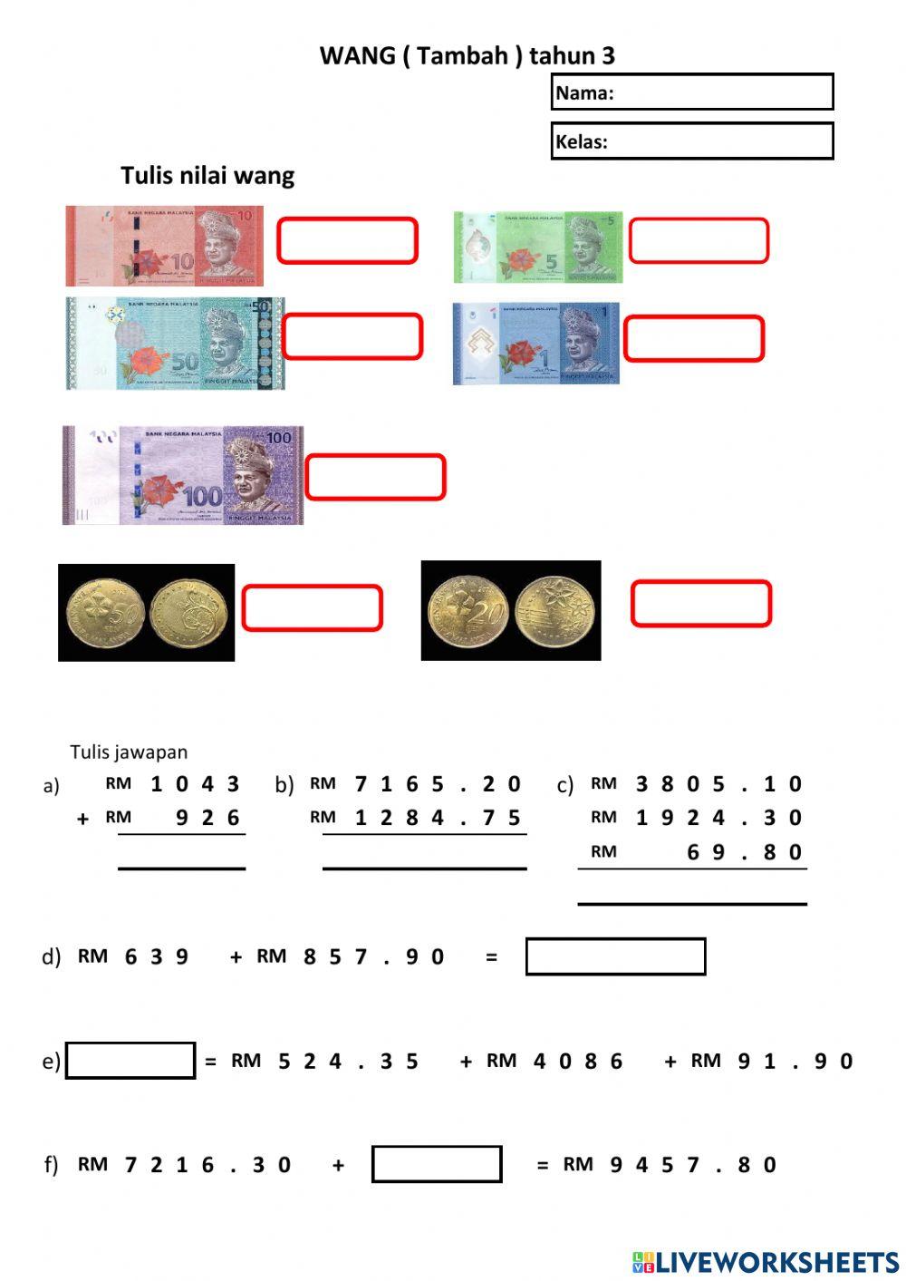 Matematik tahun 3, tambah wang