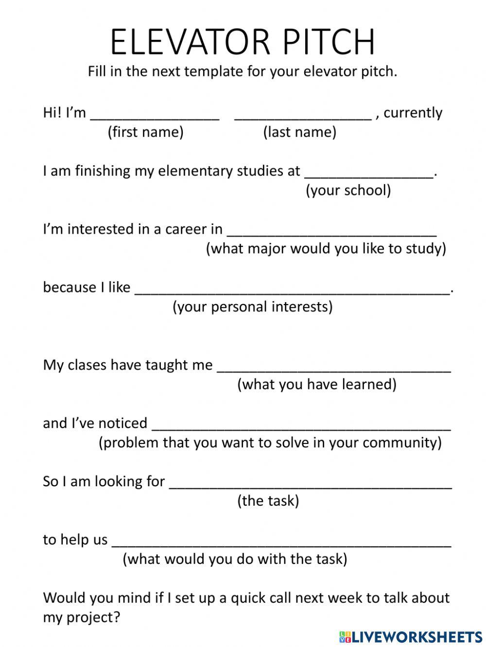 Elevator pitch template online exercise for Live Worksheets