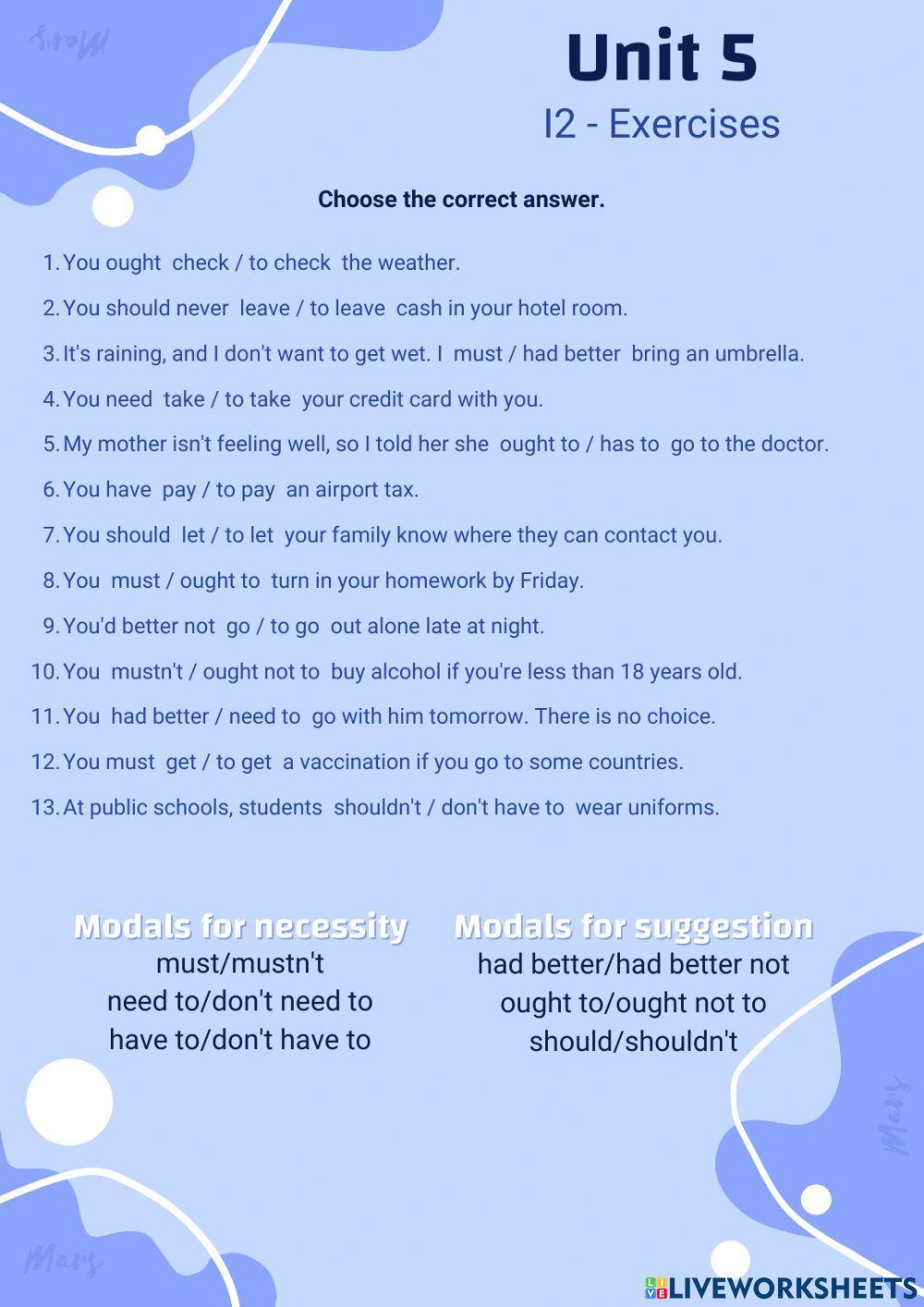 Modals for necessity and suggestion