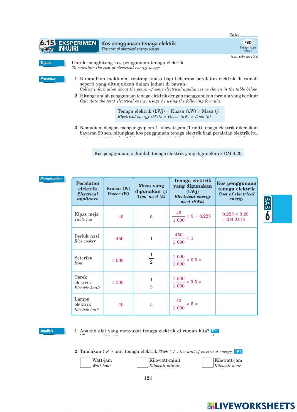 6.4 Pengiraan Kos Penggunaa Elektrik