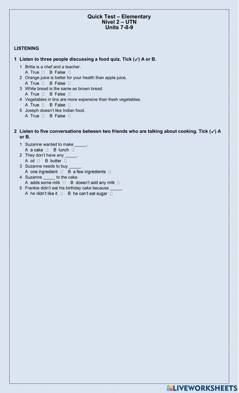 Quick test - 7-8-9 English File - Elementary