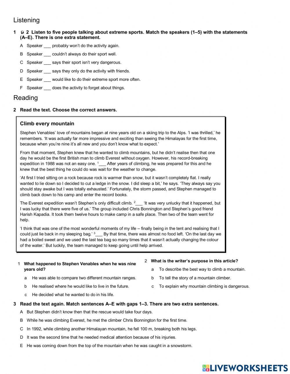 Reading and Listening : extreme sports