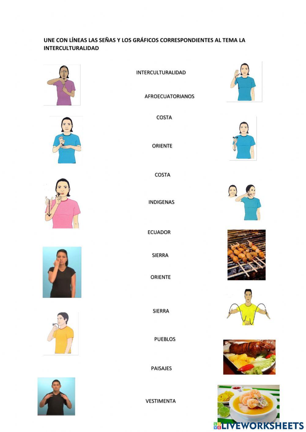 Unir con lineas señas con palabras sobre la interculturalidad