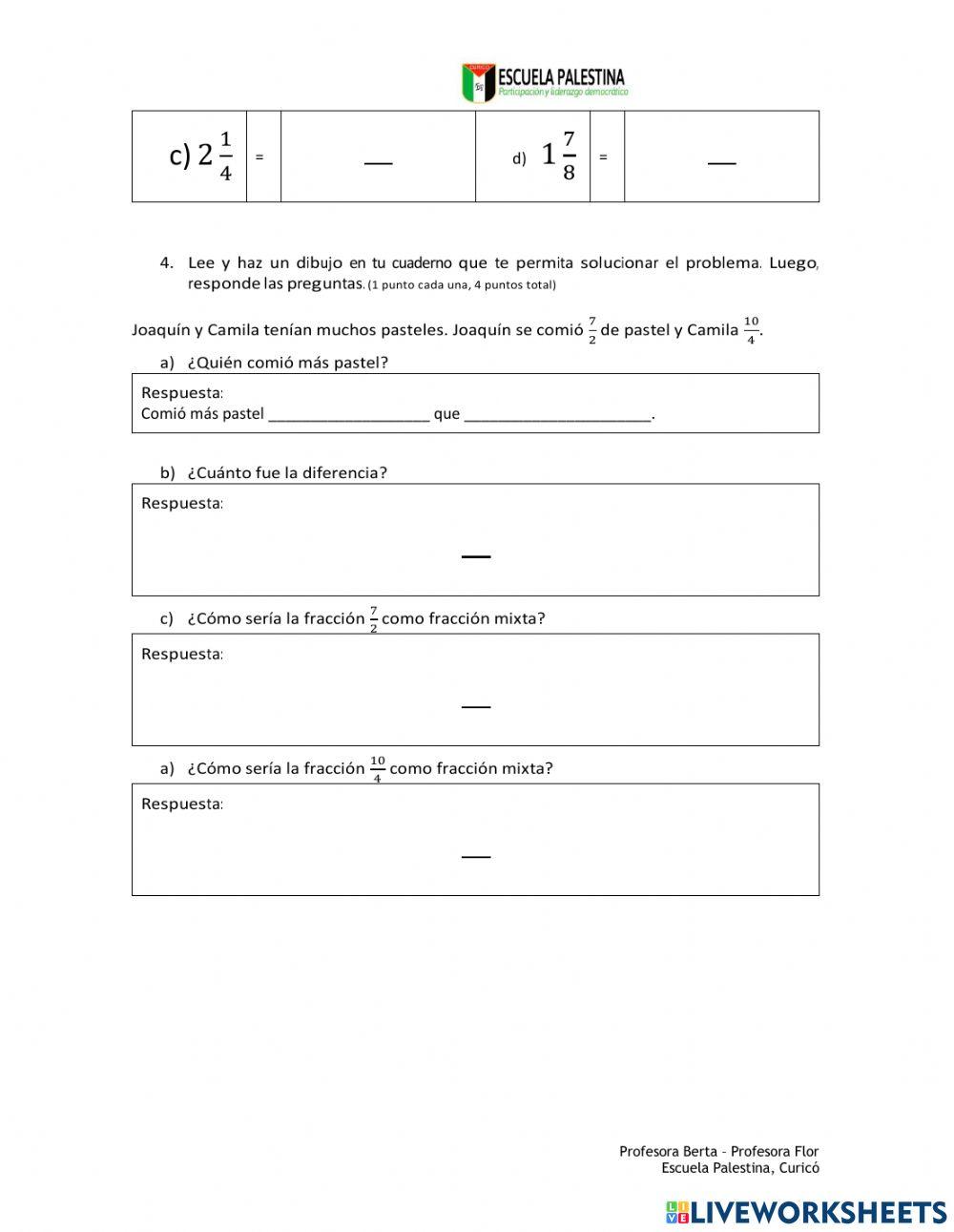 Trabajo práctico 6to básico, Fracciones impropias y mixtas