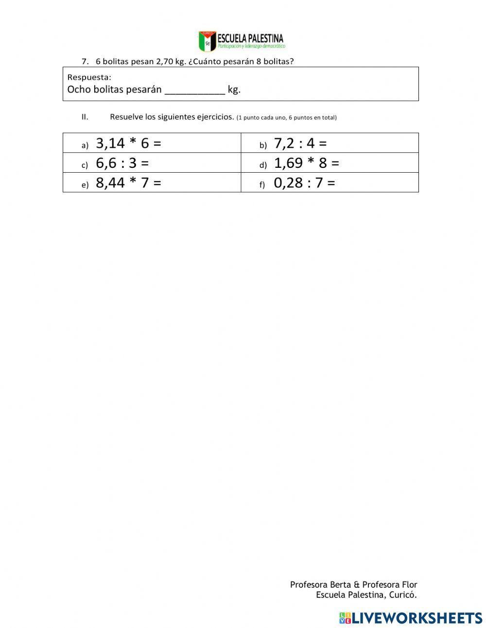 Trabajo práctico 7mo básico, Multiplicación y división de números decimales por números naturales
