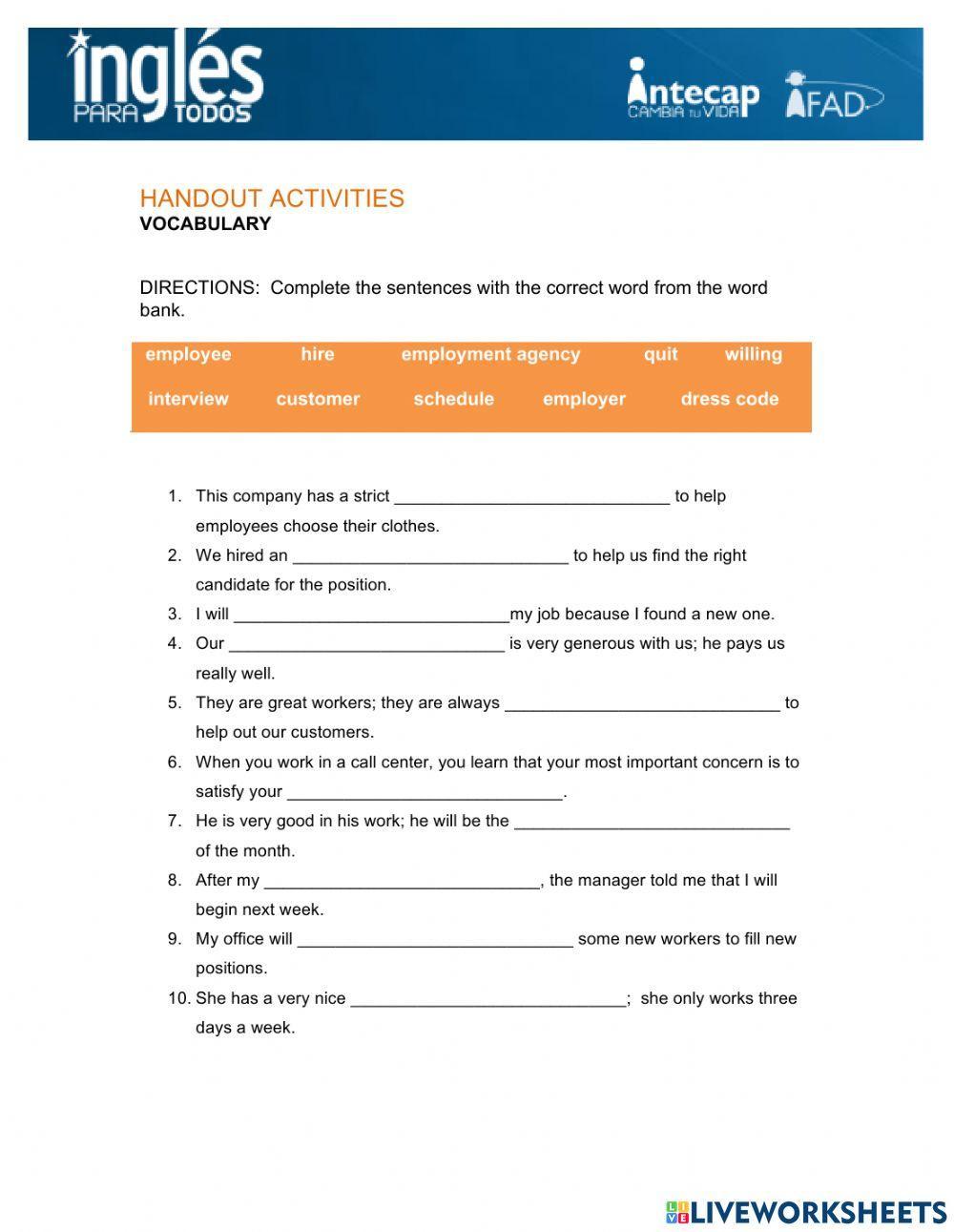 Vocabulary Handout Lesson 6 interactive worksheet | Live Worksheets