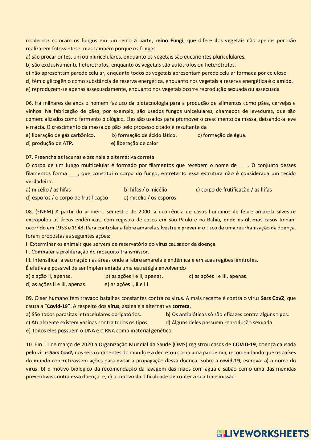 Avaliação de biologia 3 ano