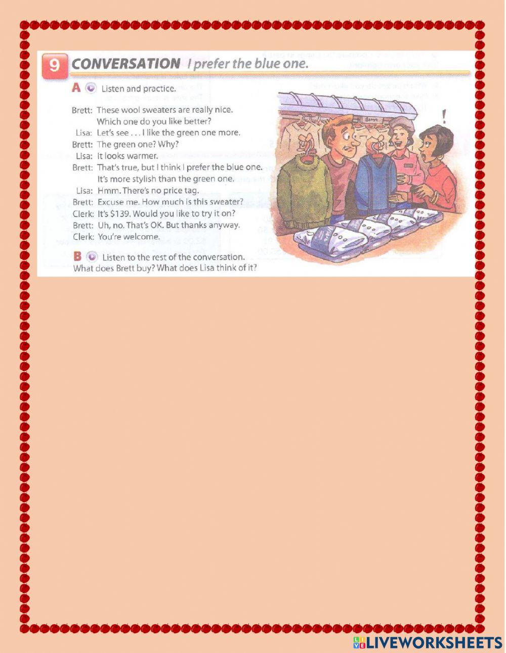 Listening exercise Clothes and adjetives to describe it.