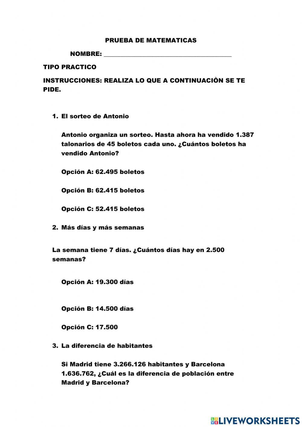 Orueba de matematicas problemas de suma resta