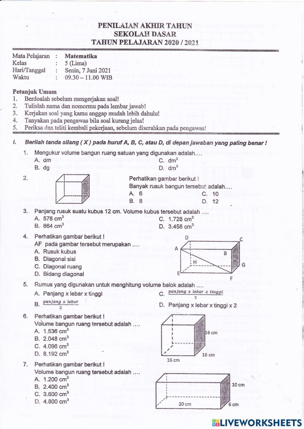 PAT MTK kelas 5 SENIN, 7 JUNI 2021