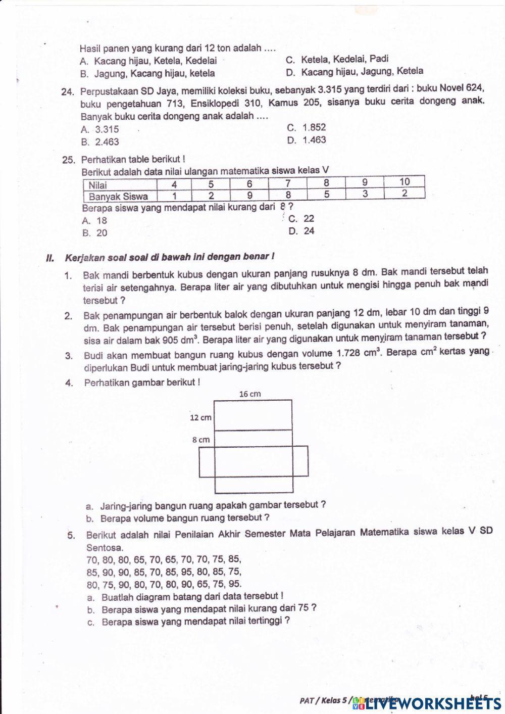 PAT MTK kelas 5 SENIN, 7 JUNI 2021