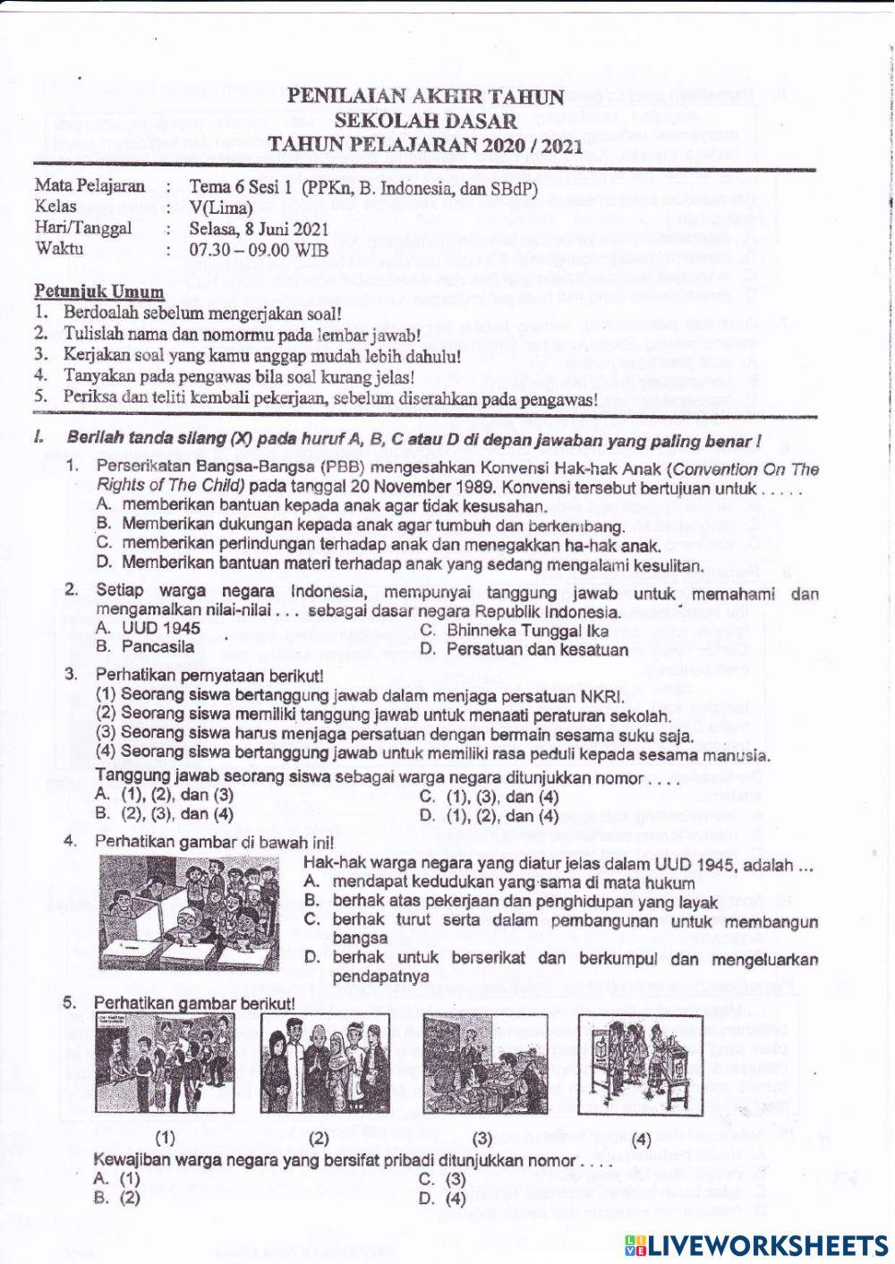 PAT T6S1 kelas 5 SELASA, 8 JUNI 2021