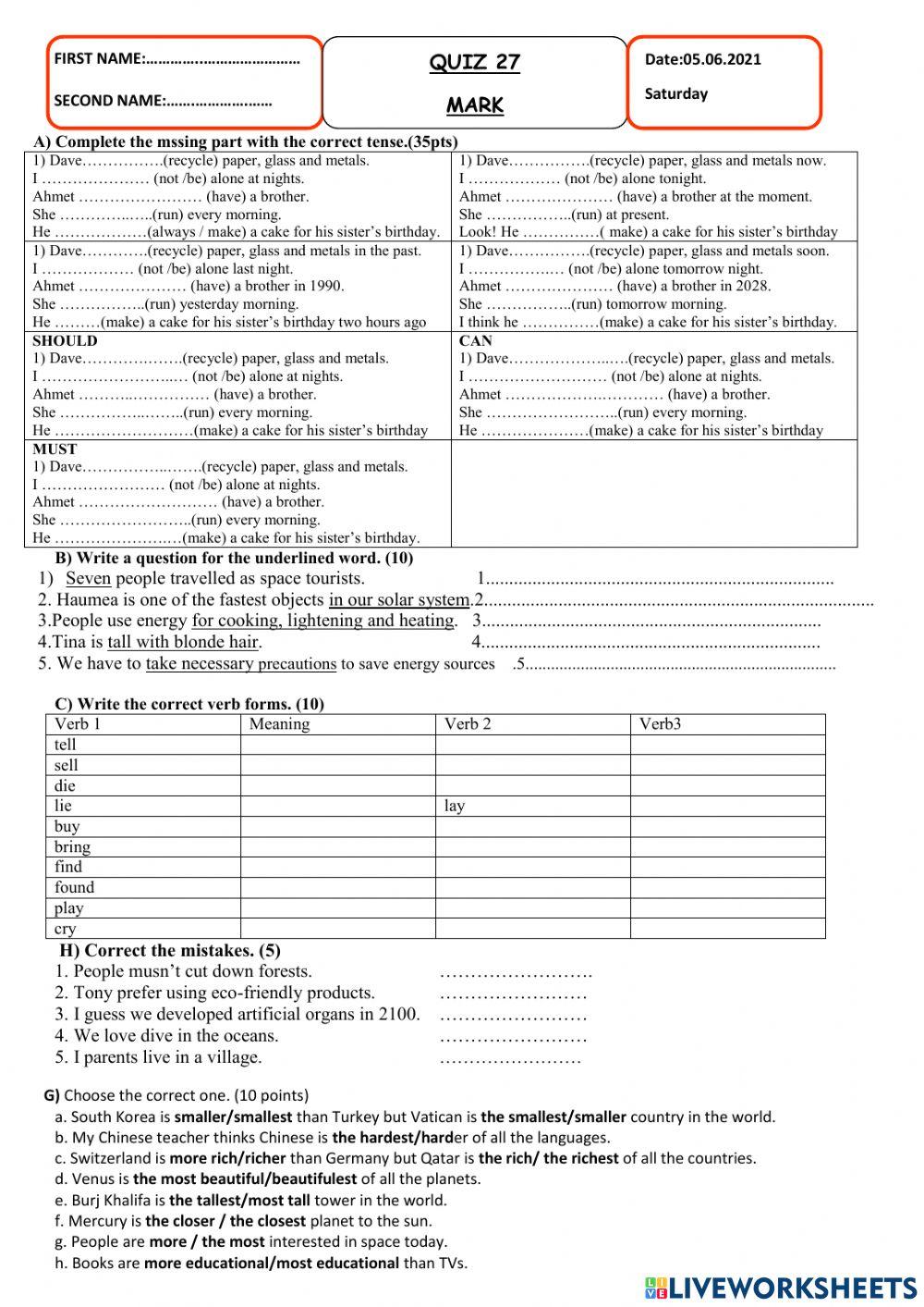 Quiz-27 worksheet | Live Worksheets