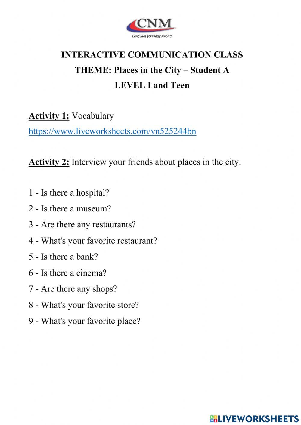 Communicative Activity - Places in The City - Speaking - Adults Level I and Teen