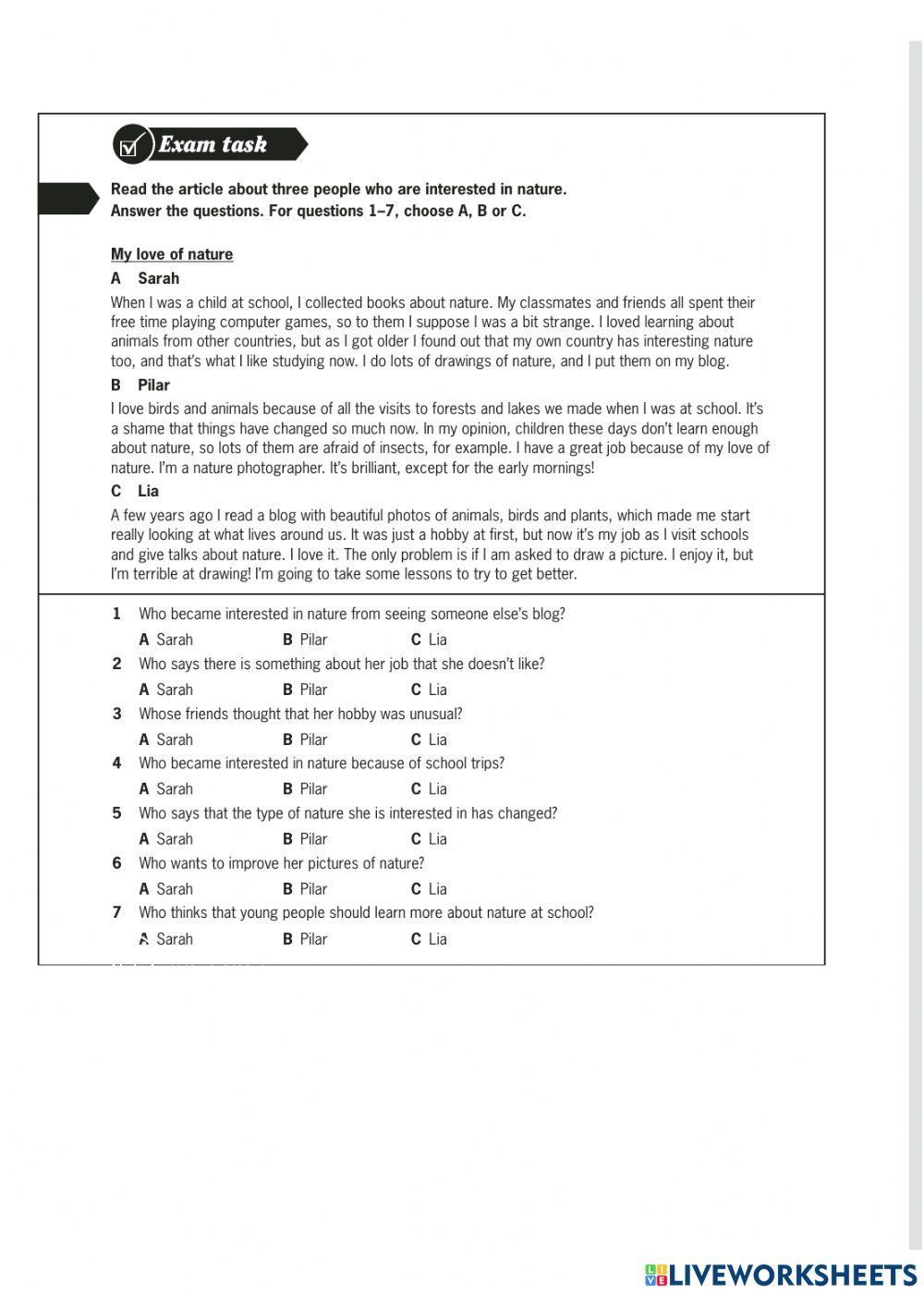 KET reading and writing online exercise for Live Worksheets
