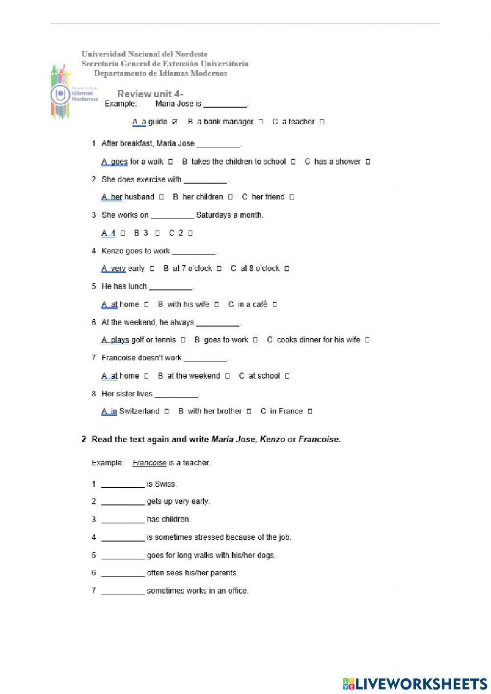 Inglés I- Elementary- Review unit 4