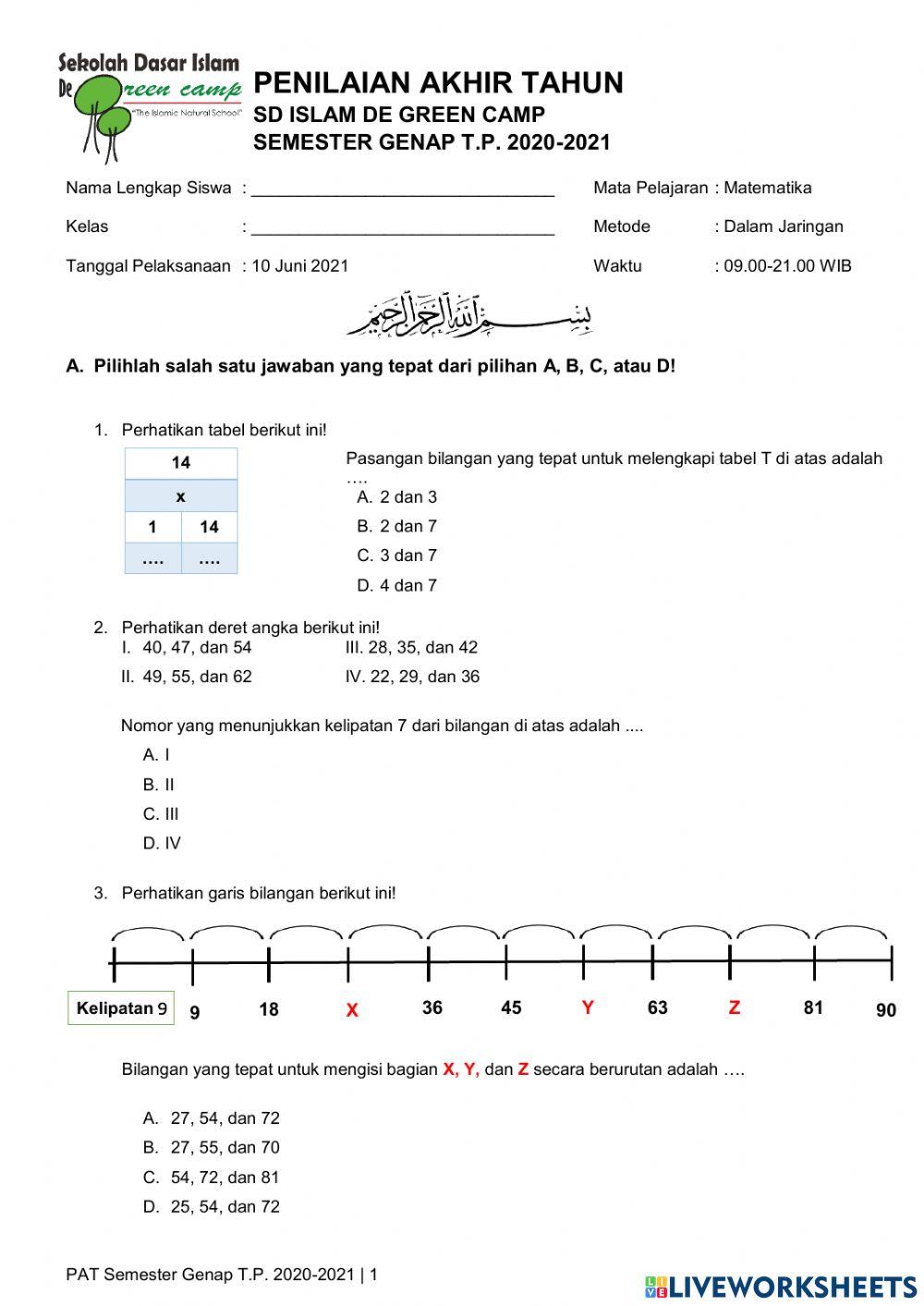 PAT Matematika Pengetahuan