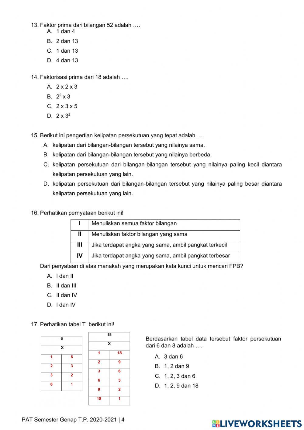 PAT Matematika Pengetahuan