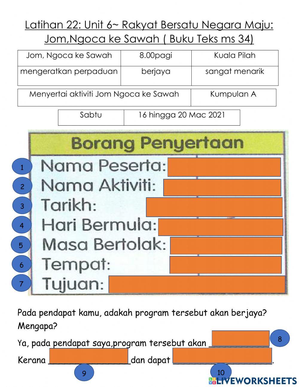 Latihan 22:Unit 6- Rakyat Bersatu Negara Maju: Jom, Ngoca ke Sawah ( Buku Teks ms 34)