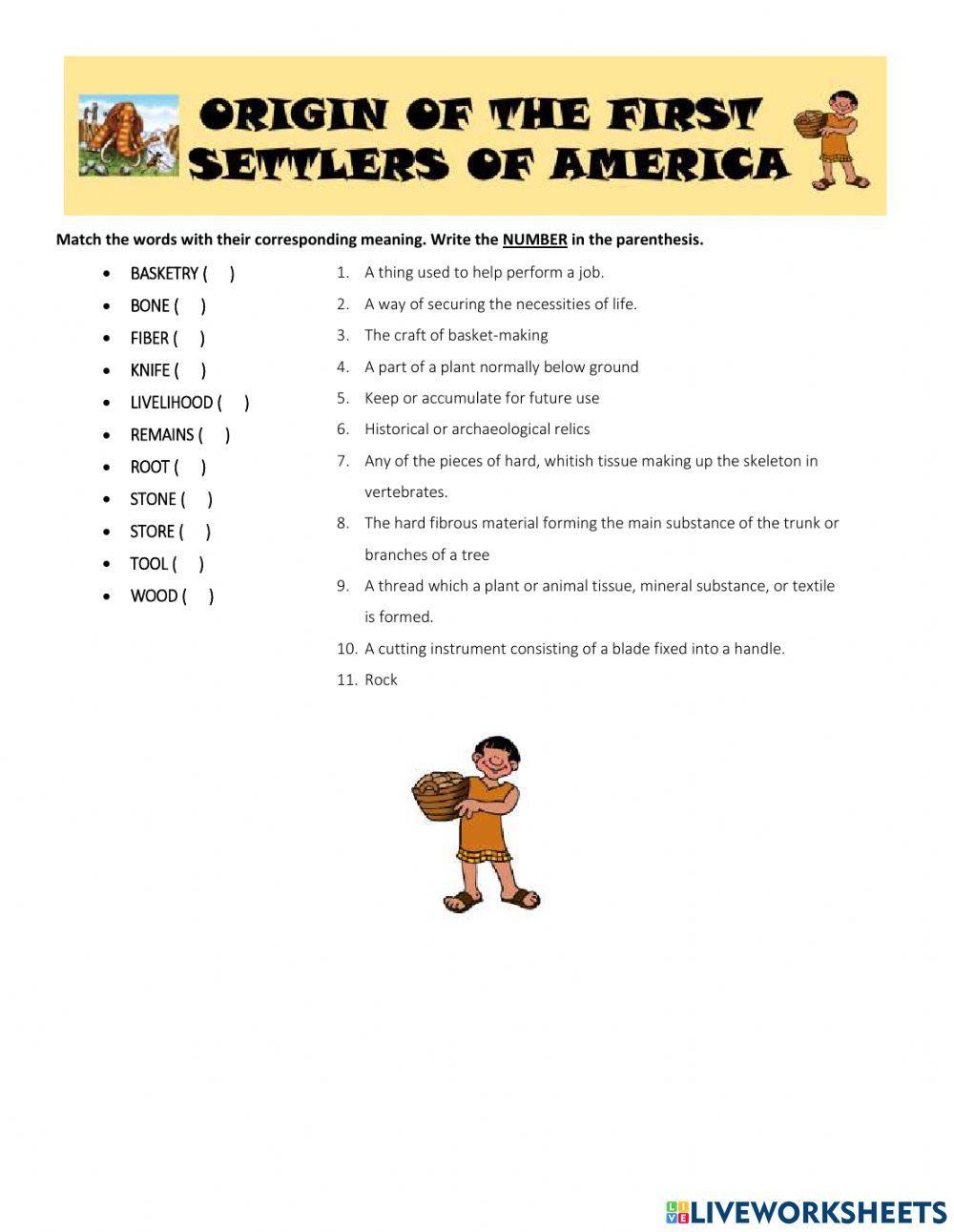 Origin of the first settlers of America vocabulary