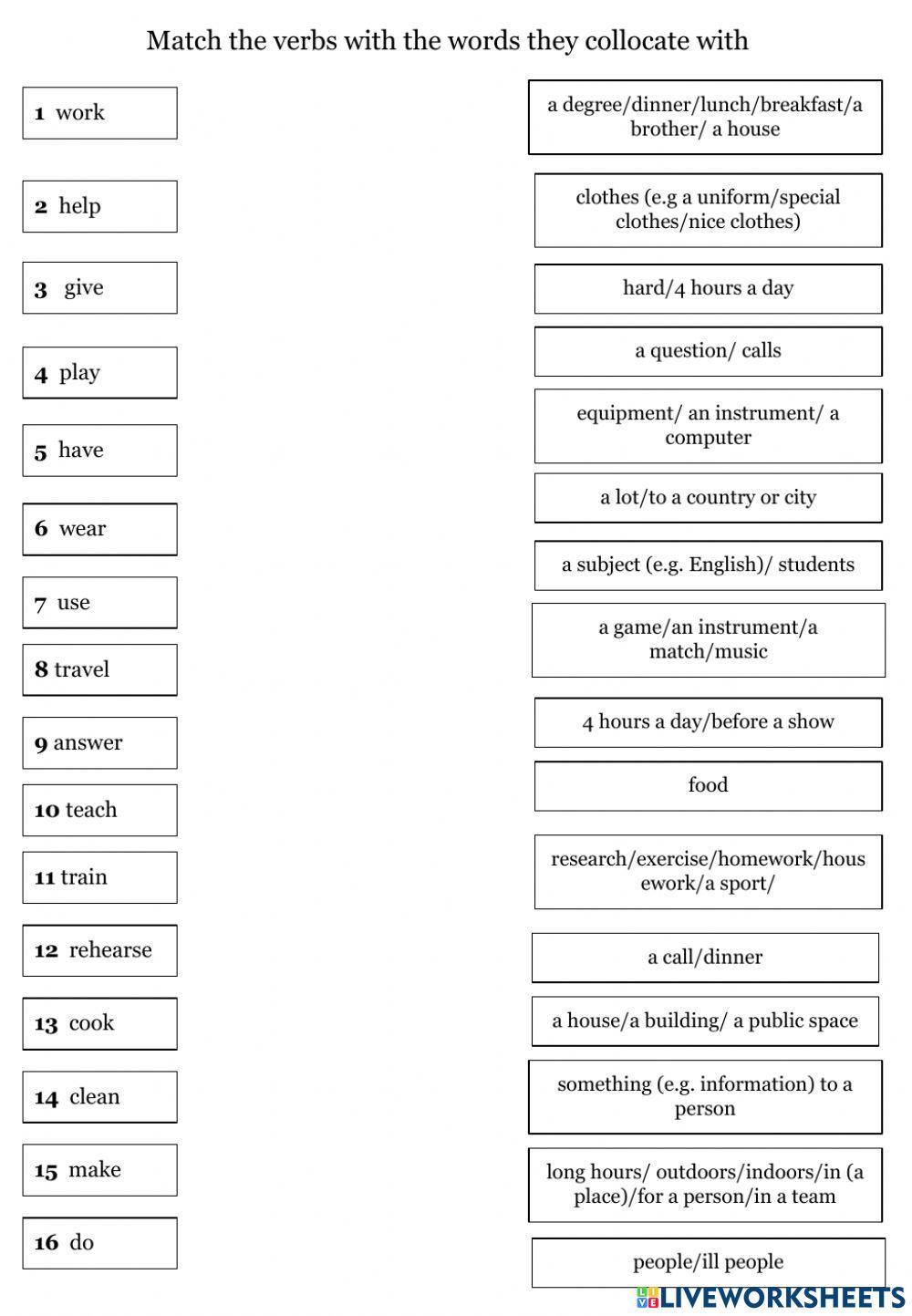Matching exercise: verb collocations