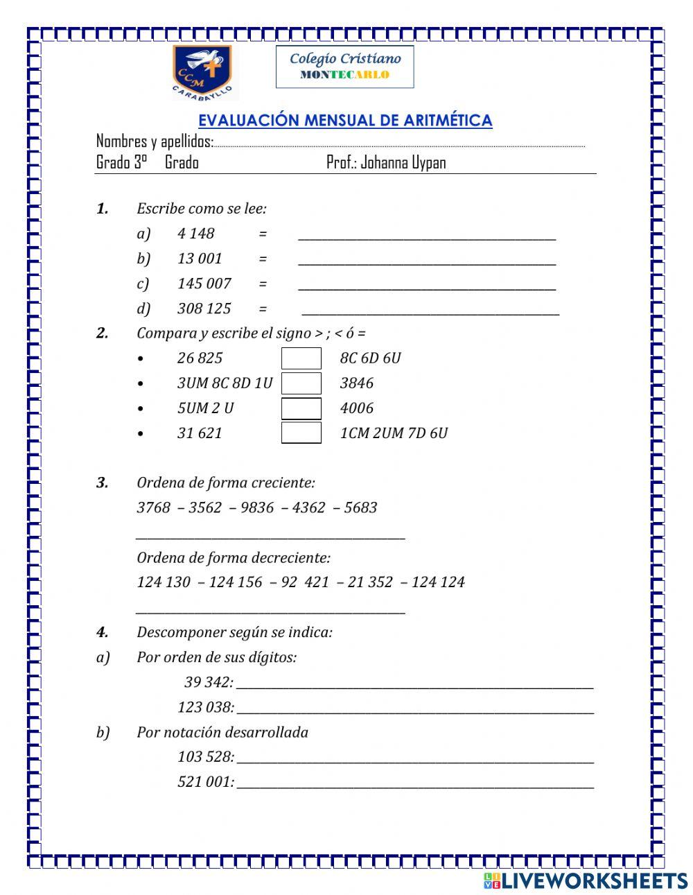 Evaluacion mensual de artimetica