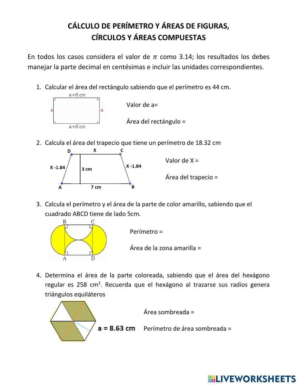 Cálculo de Perímetros y Áreas de figuras y círculos combinados