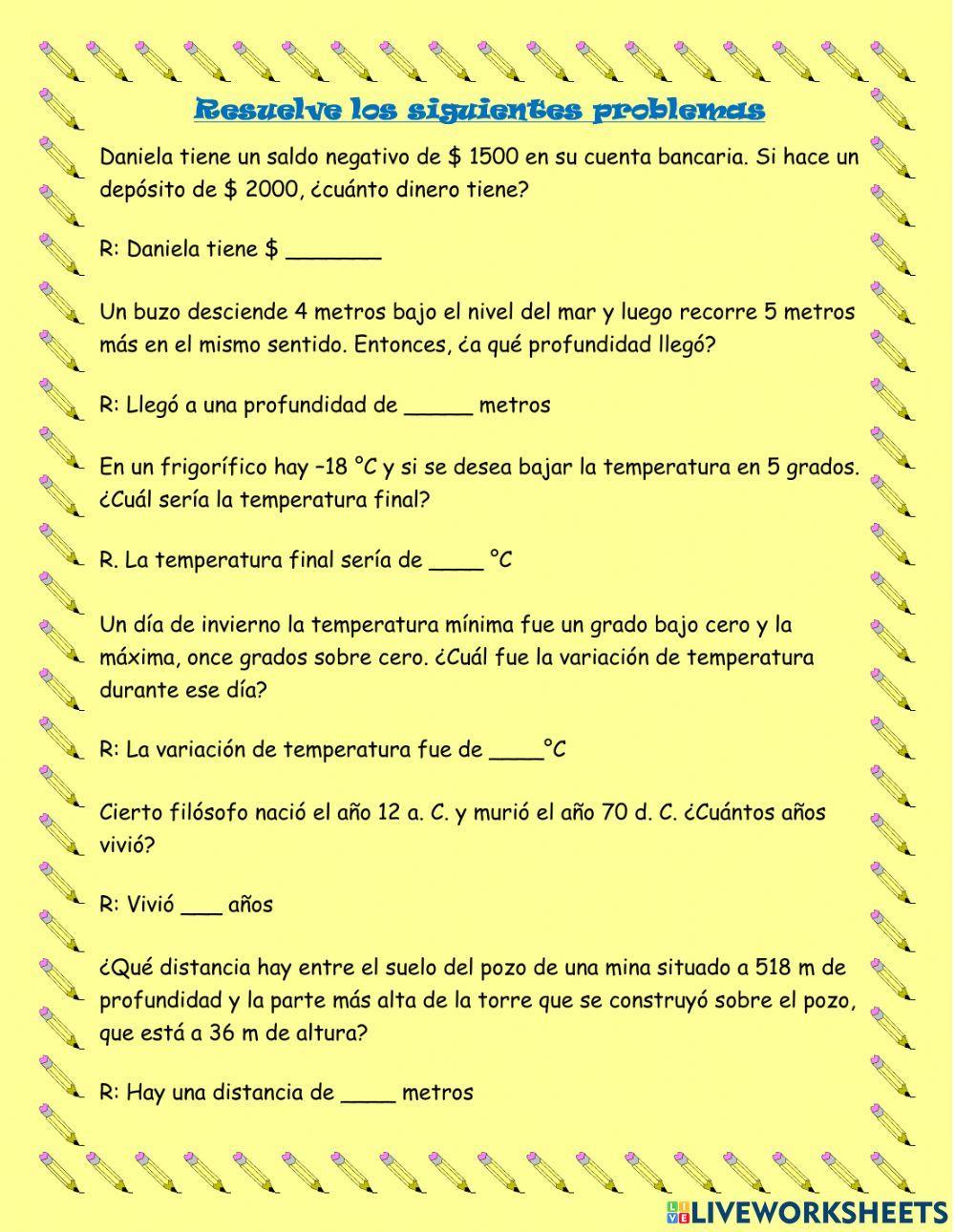 Problemas de adición y sustracción con enteros