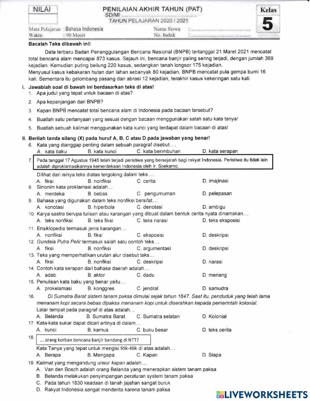 PAT Bahasa Indonesia Kelas V A