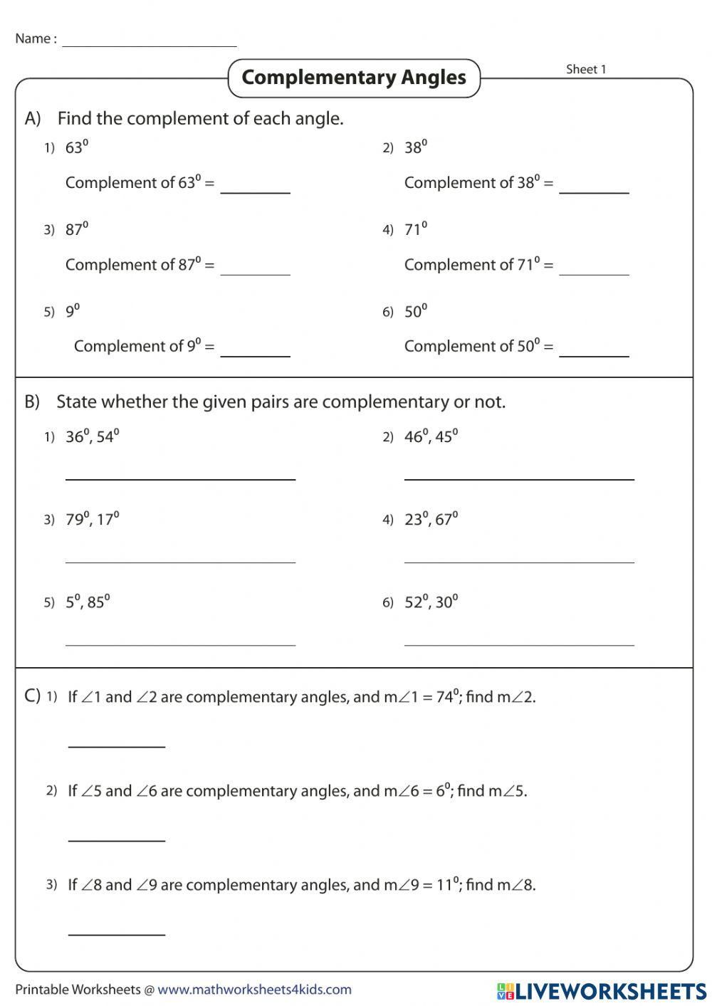 Finding complementary and supplementary angles online exercise for