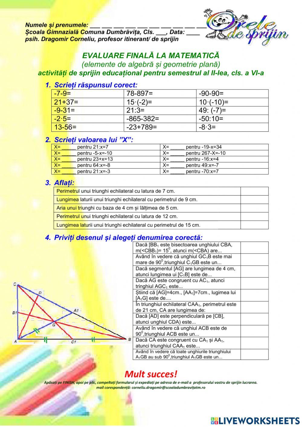 Evaluare finală semestrială, Matematică, cls VI, sem II