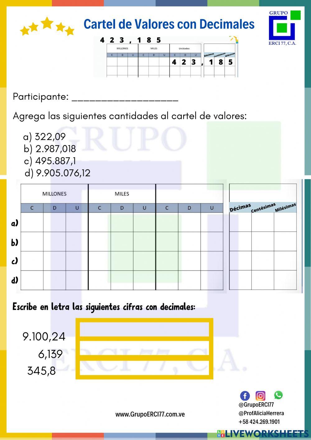 Cartel de Valores con Decimales