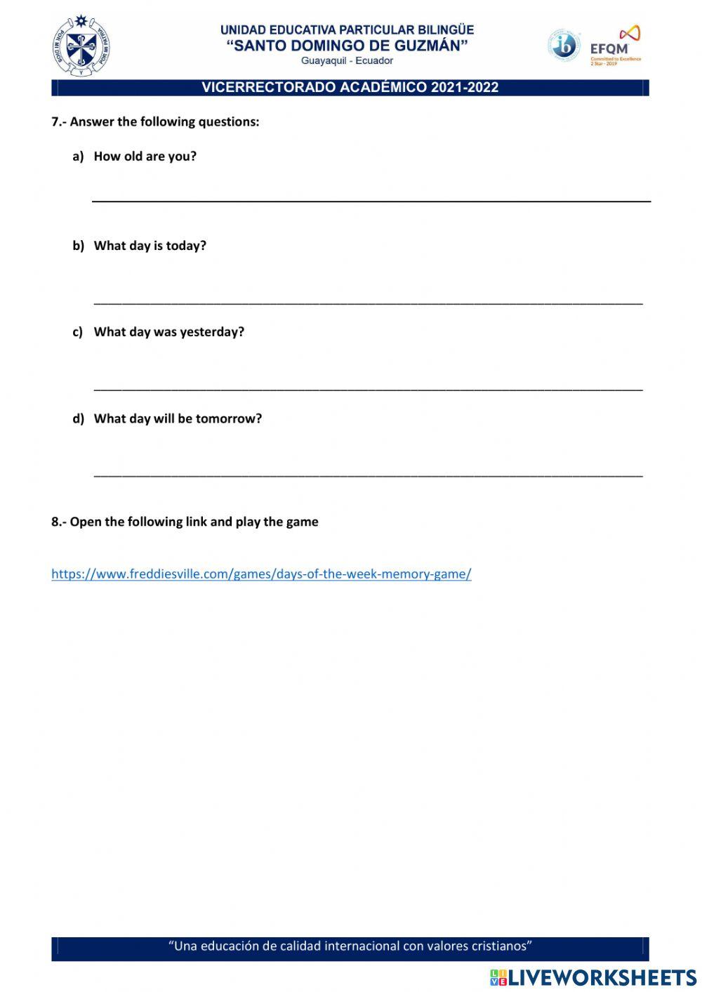 Numbers and Days of the Week